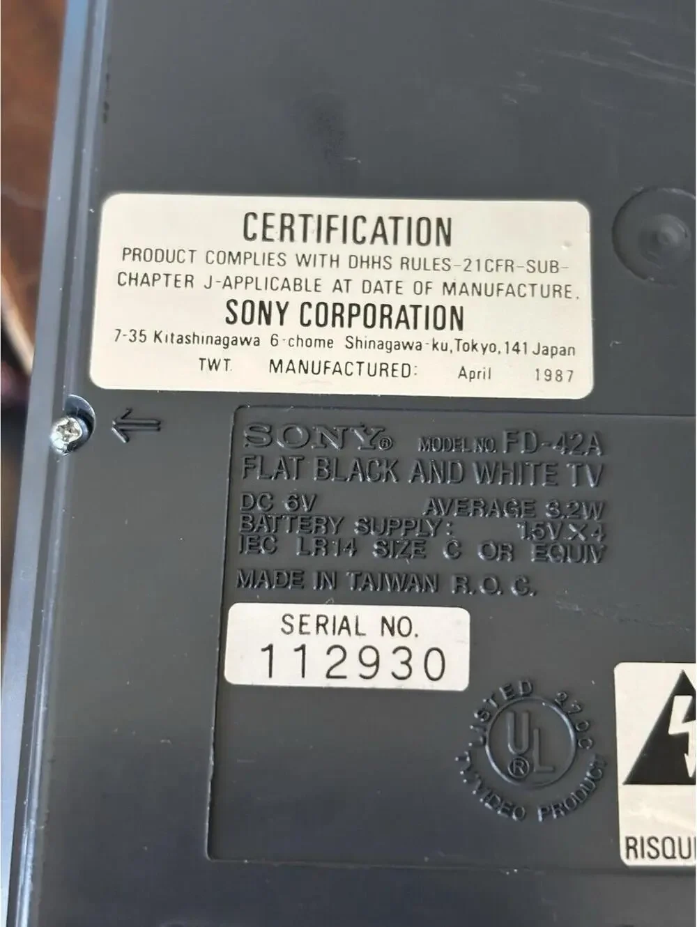 Vintage Sony Watchman Black Color 1987 FD-42A Works Great